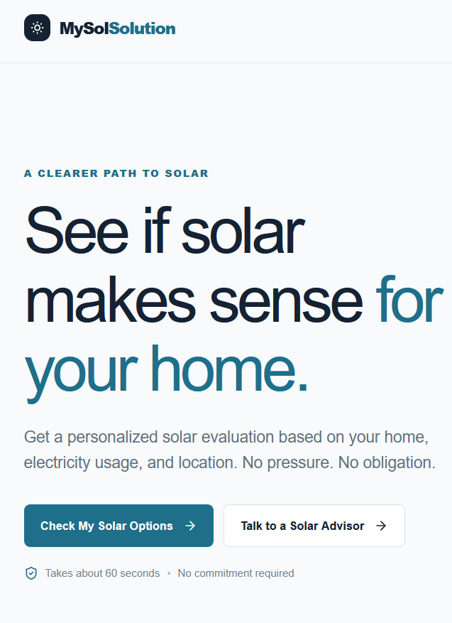 MySolSolution residential solar sales and lead generation website